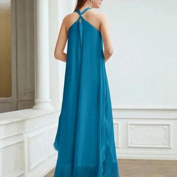 TEAL BLUE PREPPY WOMENS FRINGE HEM CROSS HALTER DRESS - Picture 2 of 5